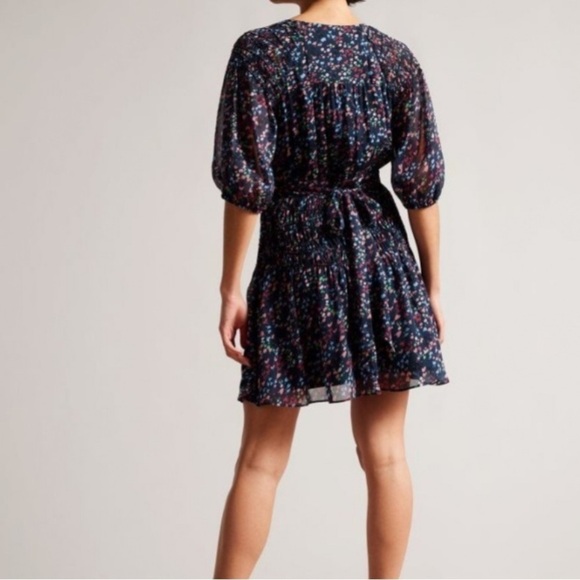 #43 NWT Ted Baker Casadee Smock Panel Wrap Mini Dress in Dark Navy - Picture 4 of 8